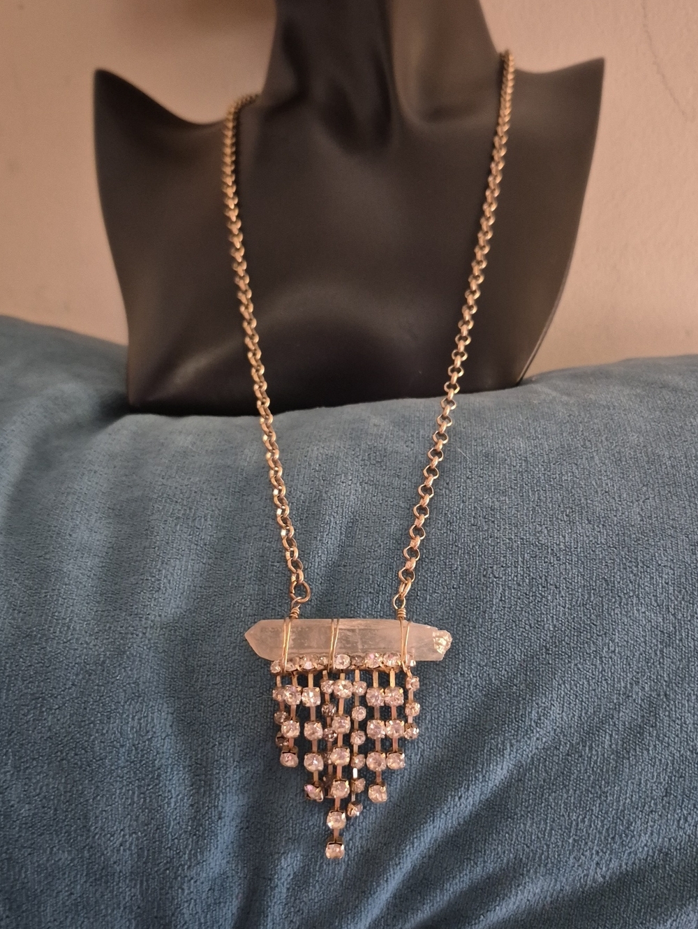 Handcrafted Crystal fringe rhinestone Rolo Brass chain Link long Boho Necklace